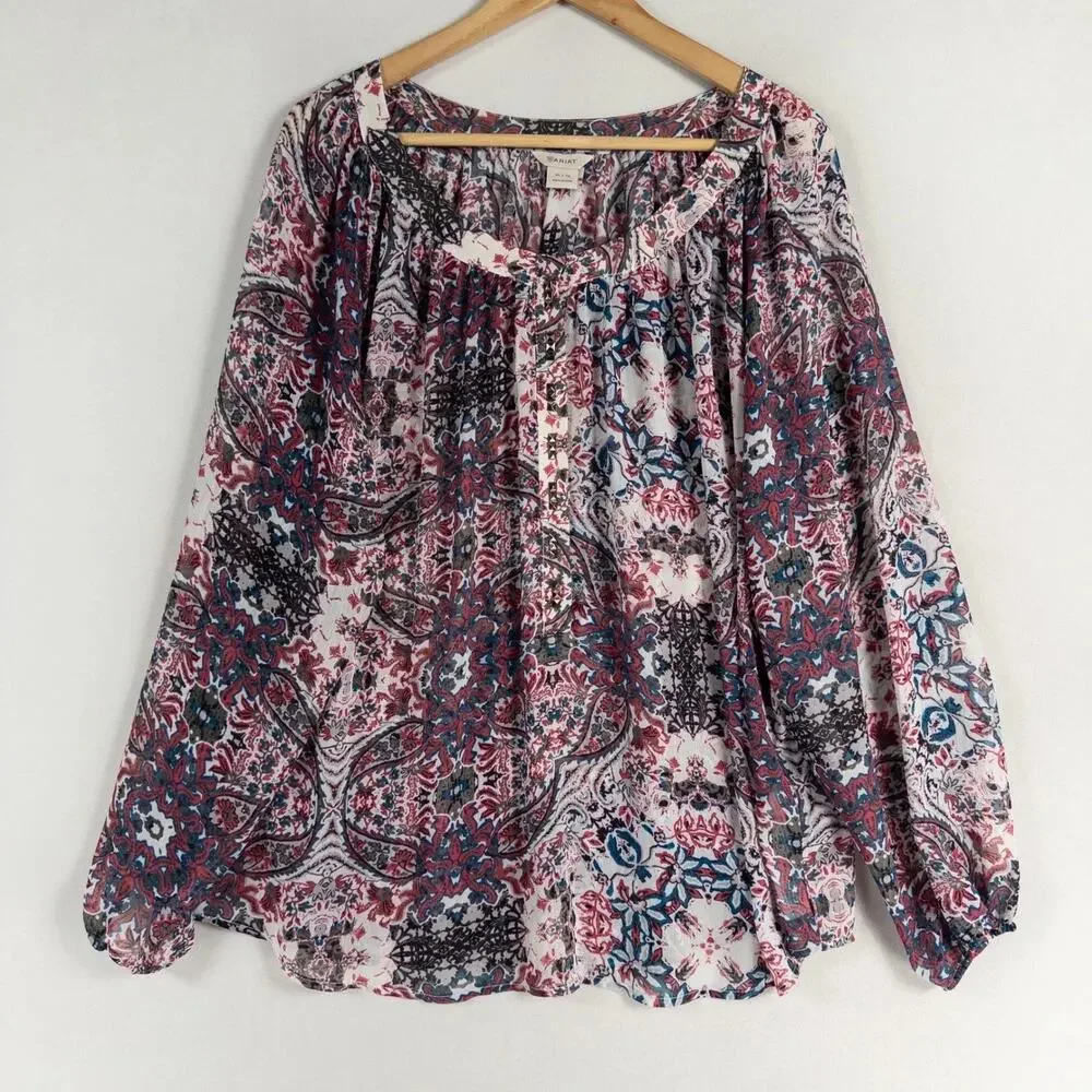 Ariat Womens Blouse Top Multicolor Floral Long Sleeve Sheer Boho Western XL